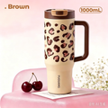 Fuguang 1000ml Brown Leopard Print Tumbler with Handle & Straw, 304 Stainless Steel Insulated Travel Mug, Leakproof Reusable Cup for Car Office Outdoor