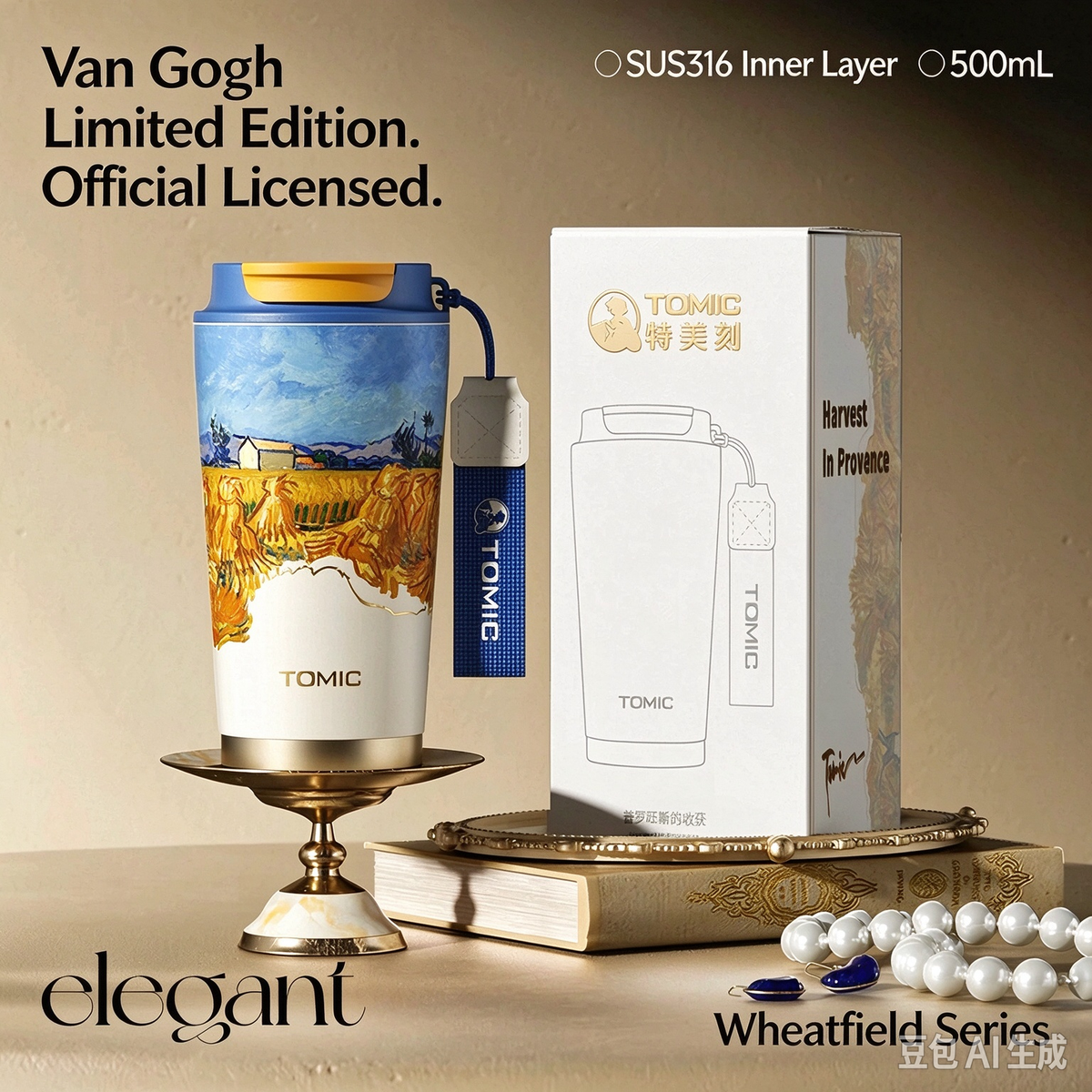 TOMIC Van Gogh Harvest In Provence Tumbler, 500ml SUS316 Stainless Steel Travel Coffee Cup, Limited Art Edition