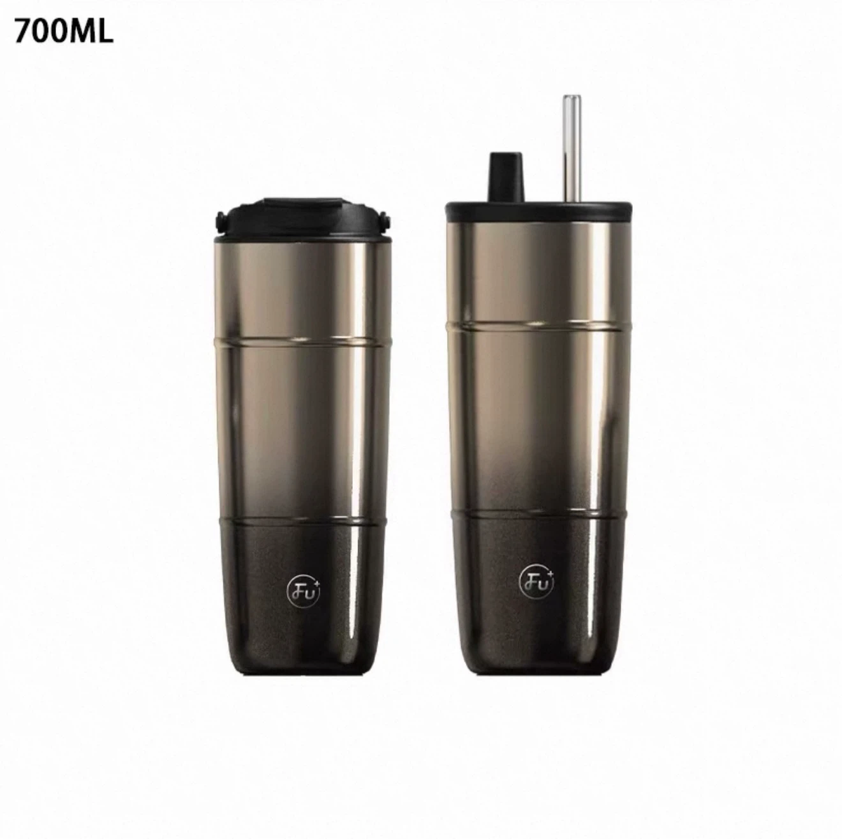 700ml Gradient Black Gold Tumbler, Insulated Coffee Cup with Dual Lids and Straw